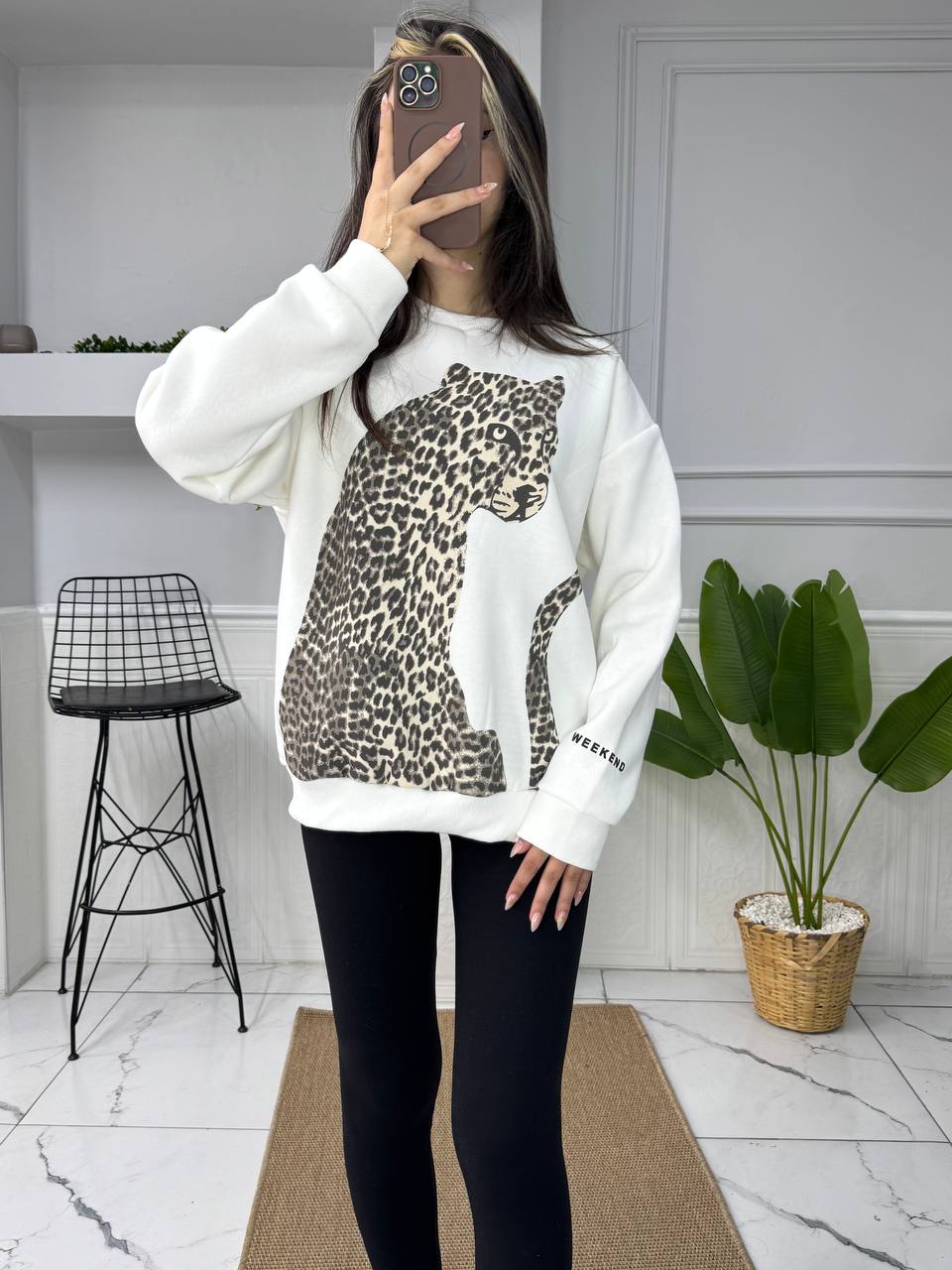 LEOPAR BASKI ÜÇ İPLİK SWEATSHİRT