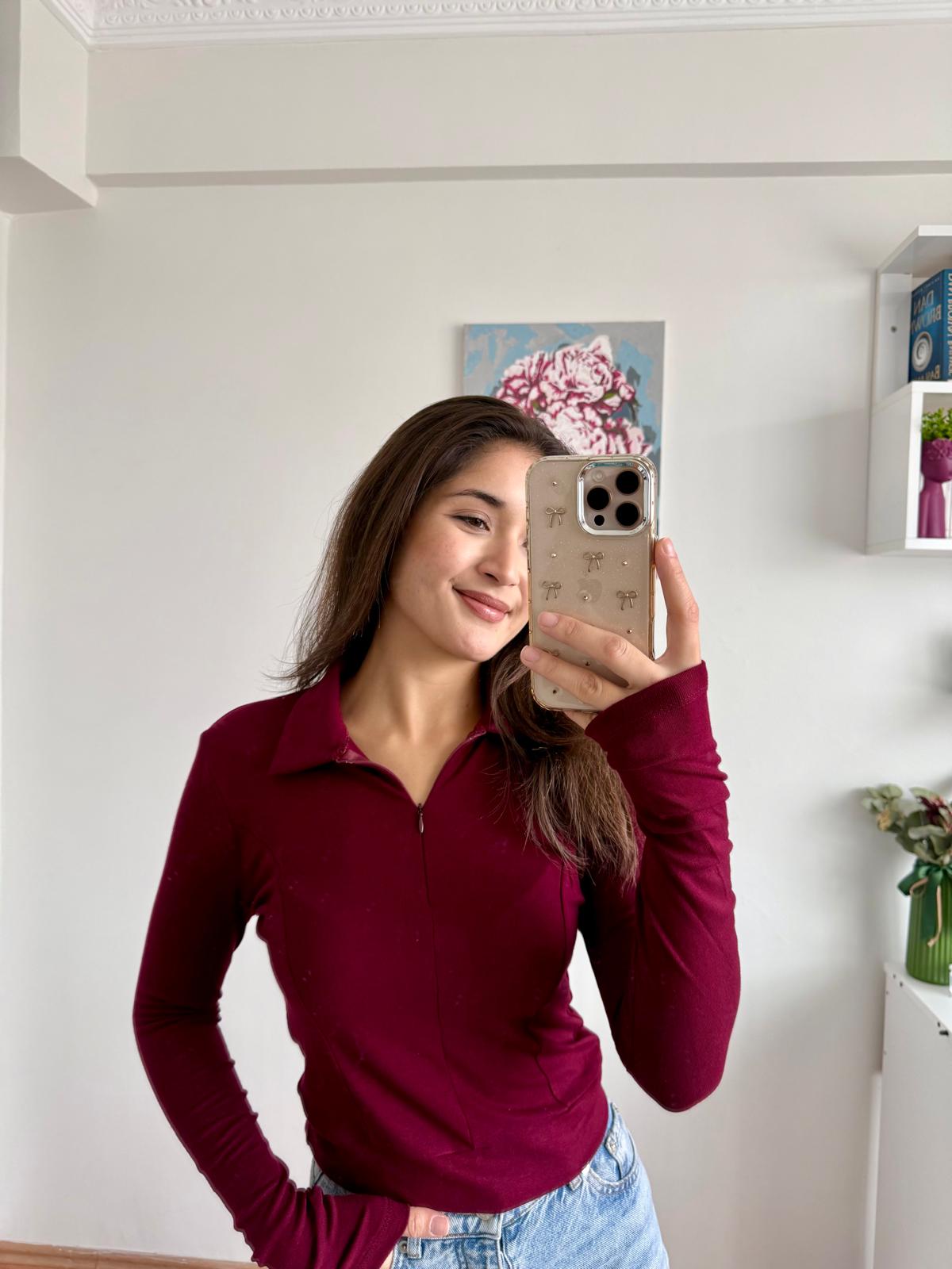 FERMUAR DETAY BLUZ- bordo