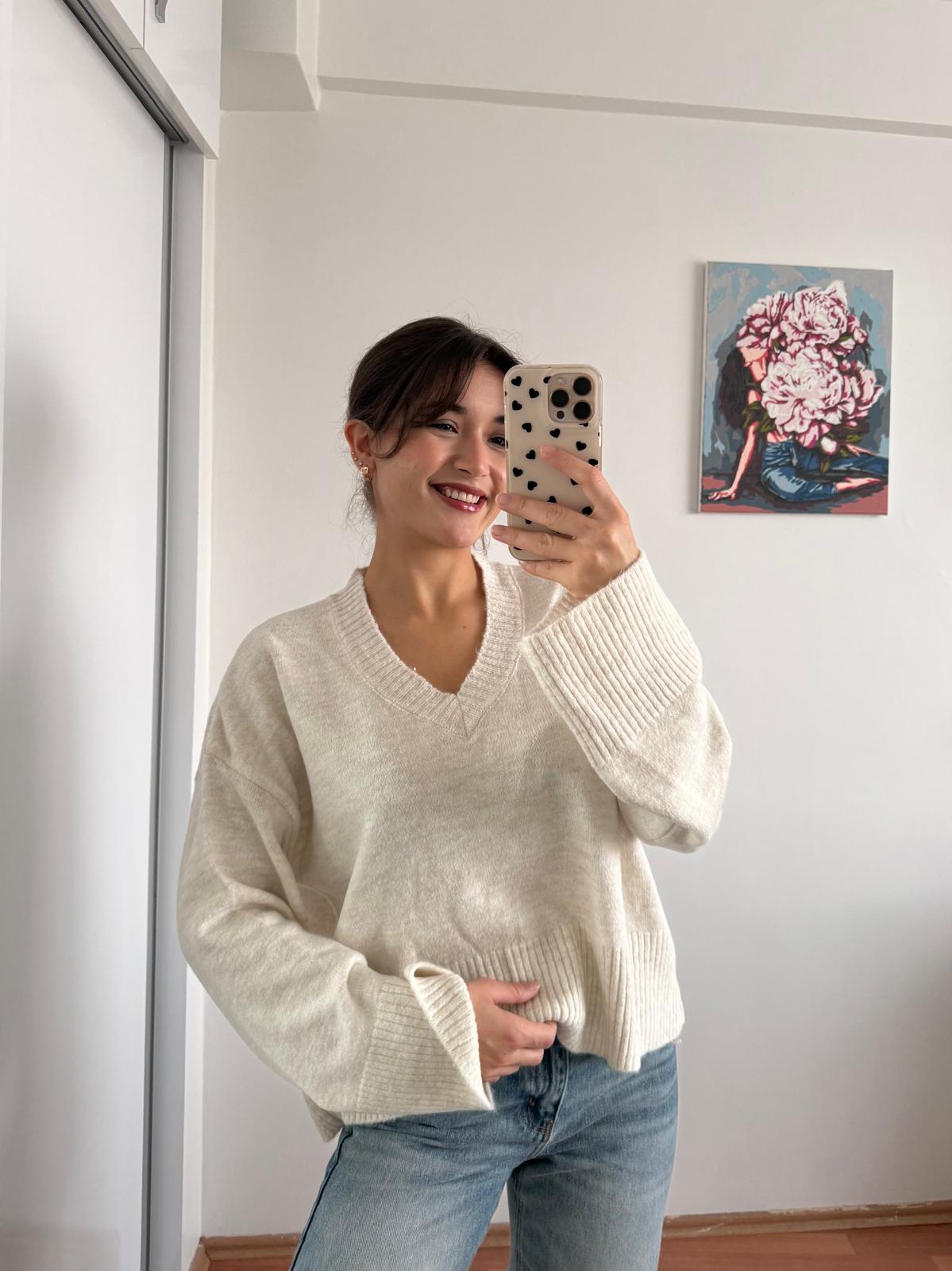 V yaka triko kazak -bej