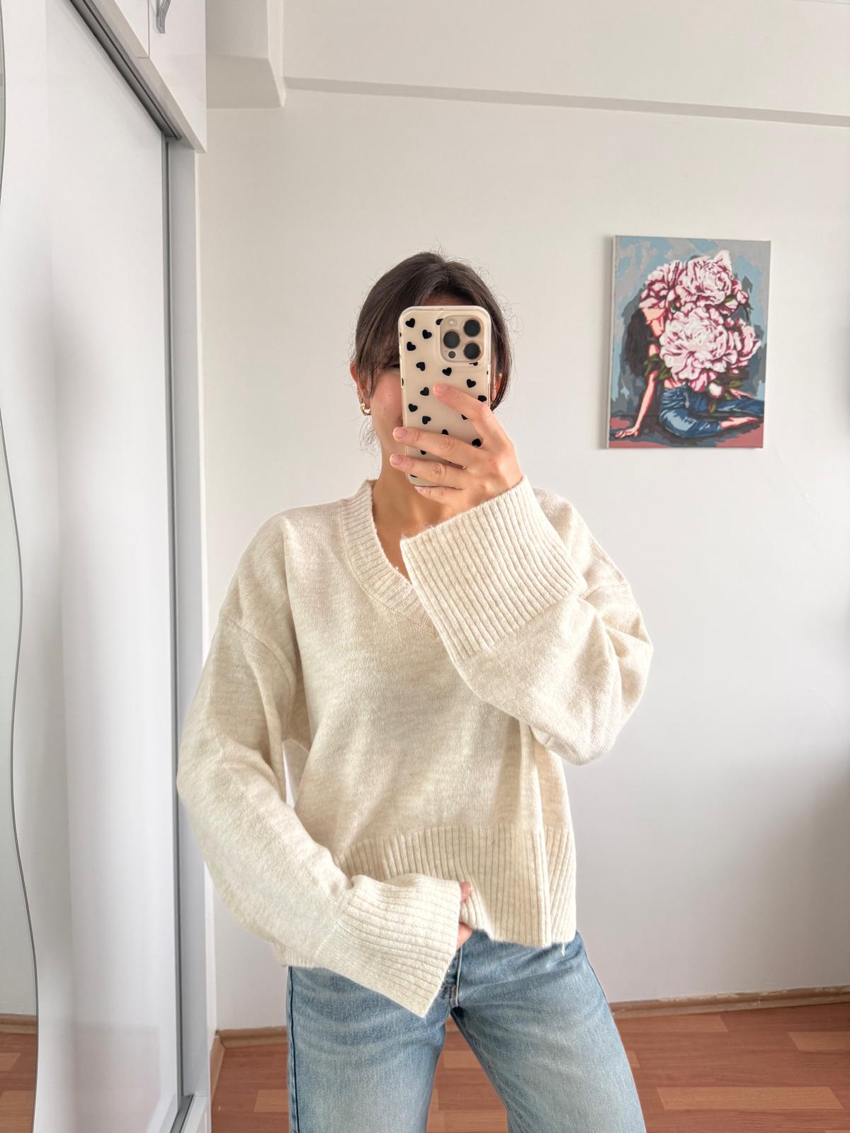 V yaka triko kazak -bej