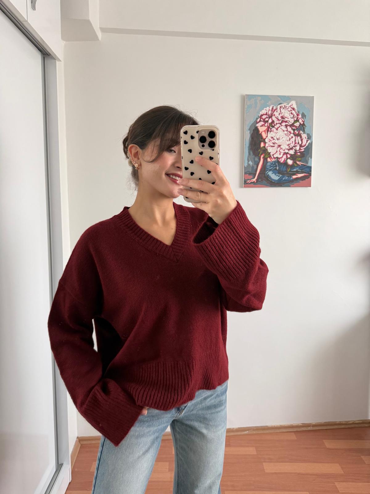 V yaka triko kazak -Bordo