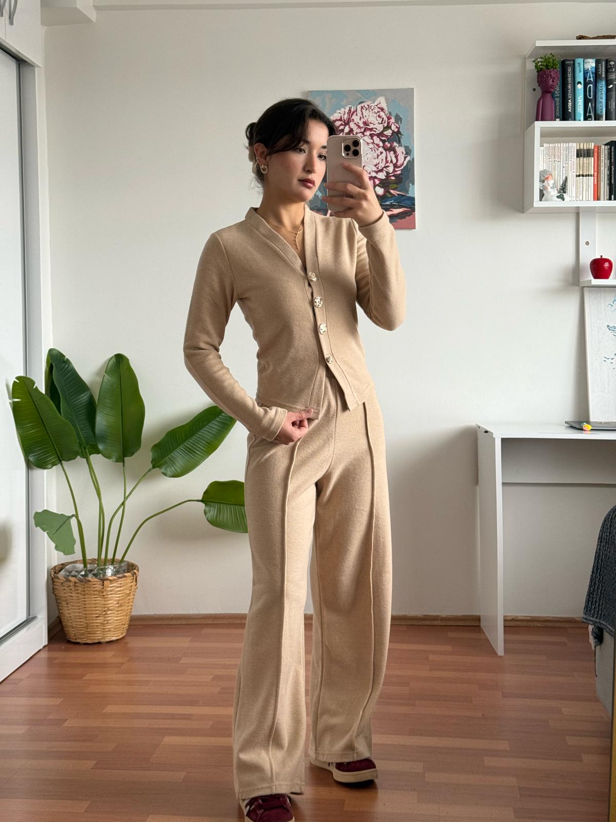 Gold düğme detay selanik takım - bej