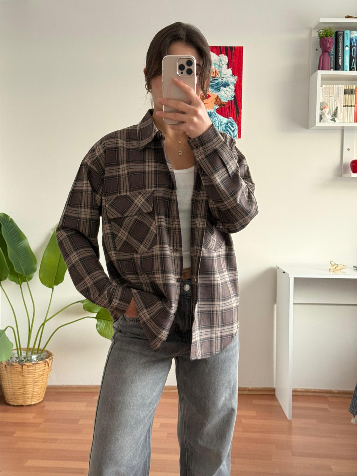 Cep detay ekosegi gömlek kahverengi/bej