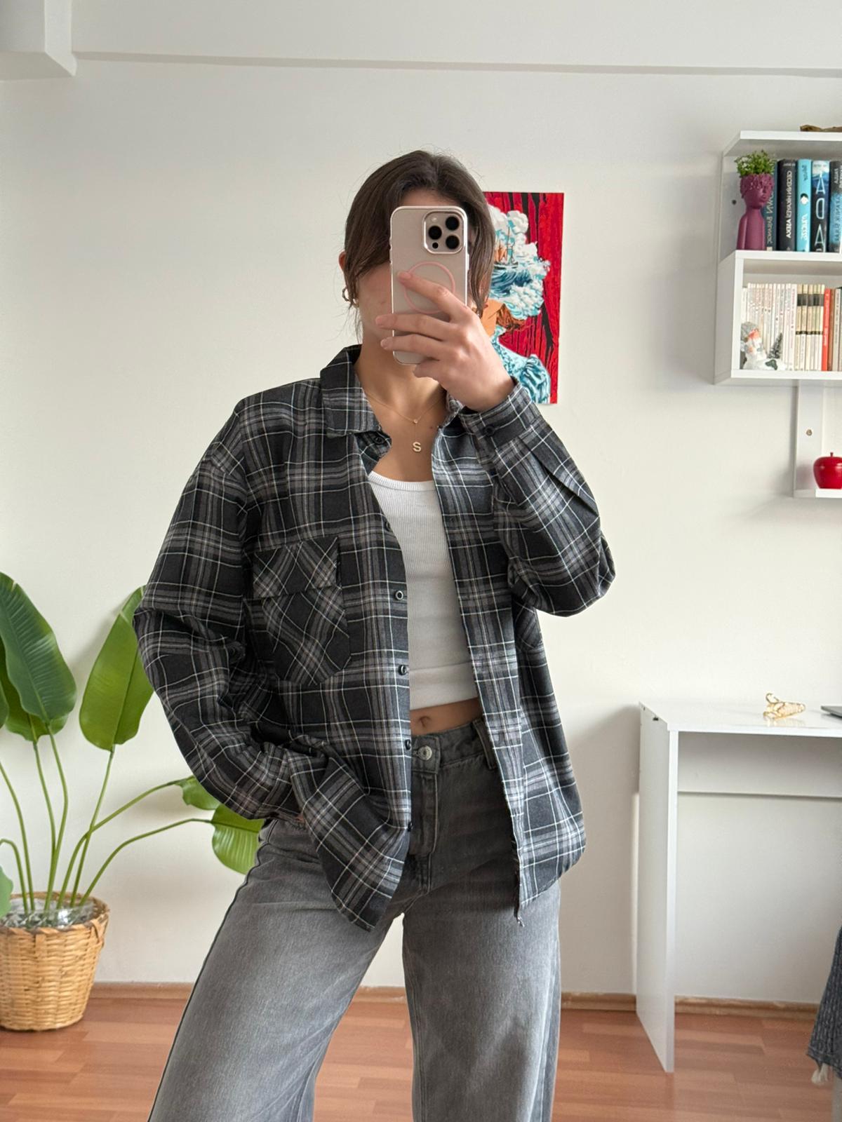 Cep detay ekose gömlek siyah/gri