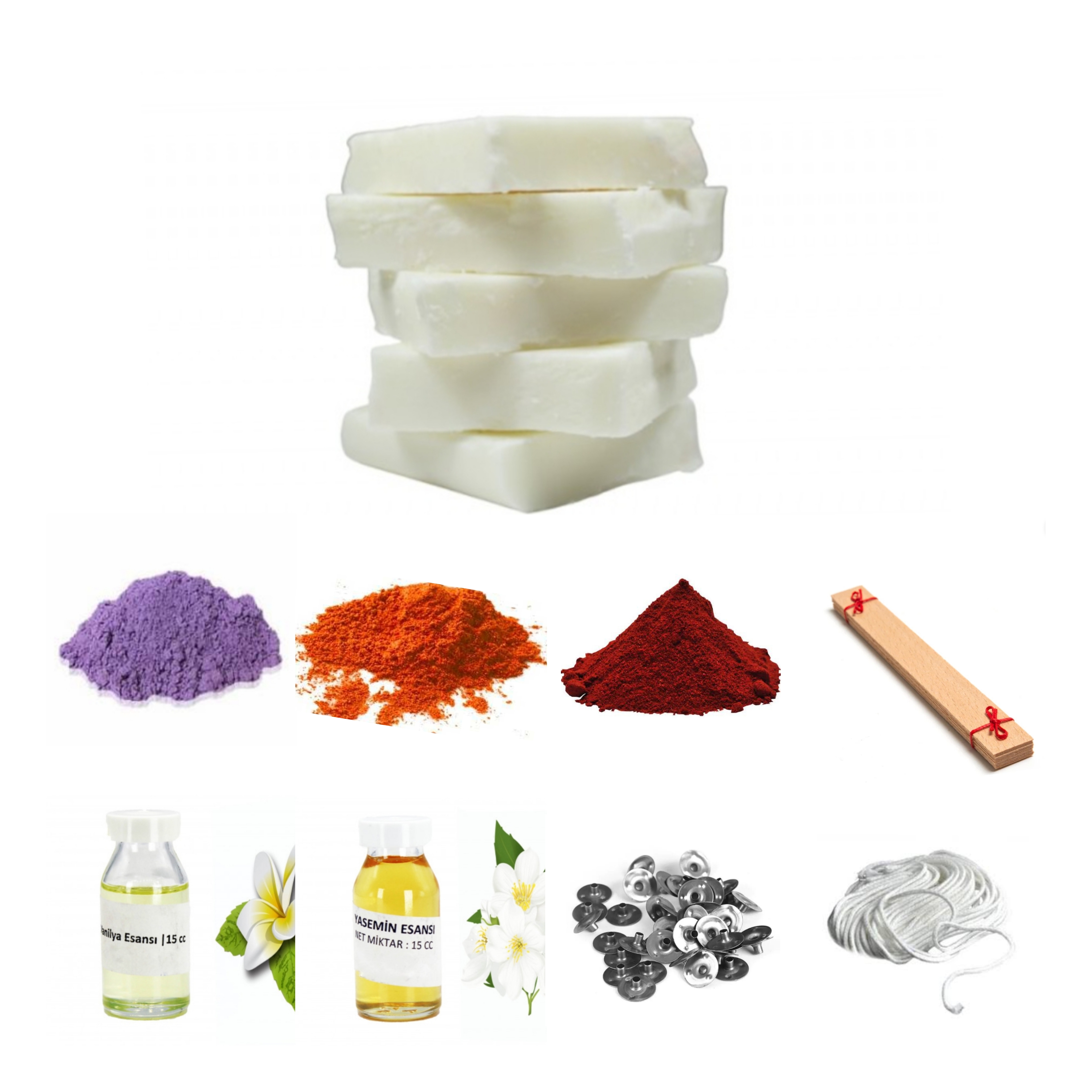 Soya Wax Mum Yapım Seti-5, Mor-turuncu-kirmizi Mum Boyası- Vanilya Ve Yasemin Esansı