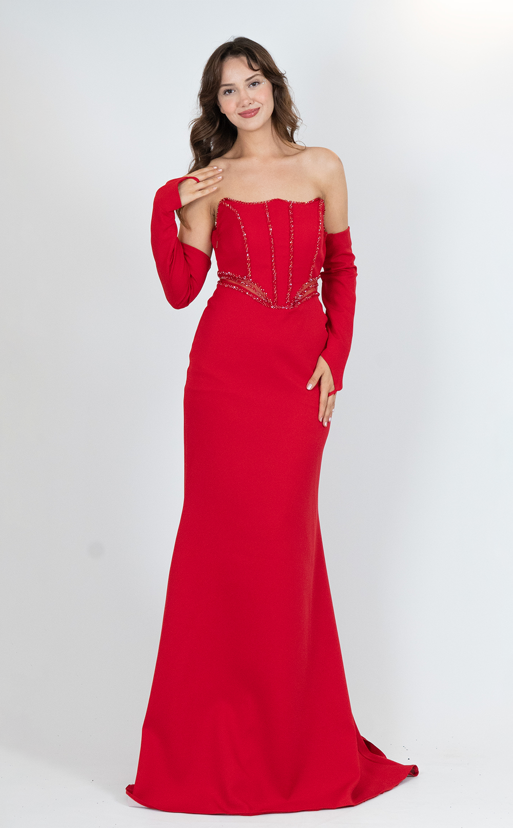 Kırmızı Büstiyer Taş Detaylı Balık Uzun Abiye