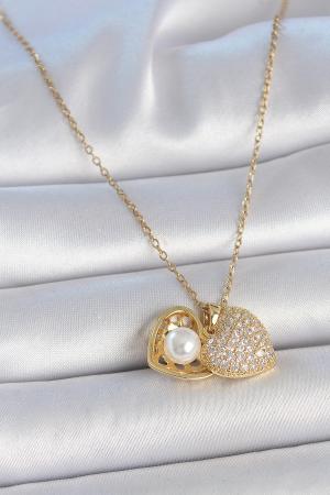 316L Çelik Gold Renk Zincir Zirkon Taşlı Açılır İncili Kalp Model Kadın Kolye