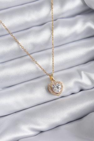 316L Çelik Zincir Gold Renk Zirkon Taşlı Kalp Model Charm Kadın Kolye