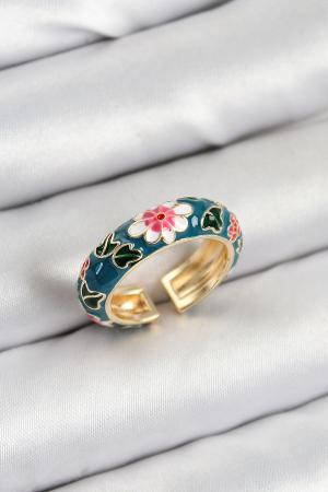 Pirinç Yeşil Mineli Çiçek Motifli Gold Renk Ayarlanabilir Kadın Yüzük