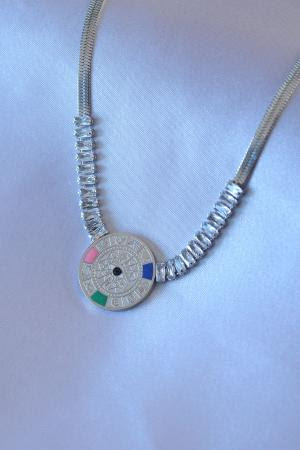 316L Çelik Gümüş Renk Zirkon Taşlı İtalyan Zincir Burç İşeleme Madalyon Model BKO7520Kadın Kolye