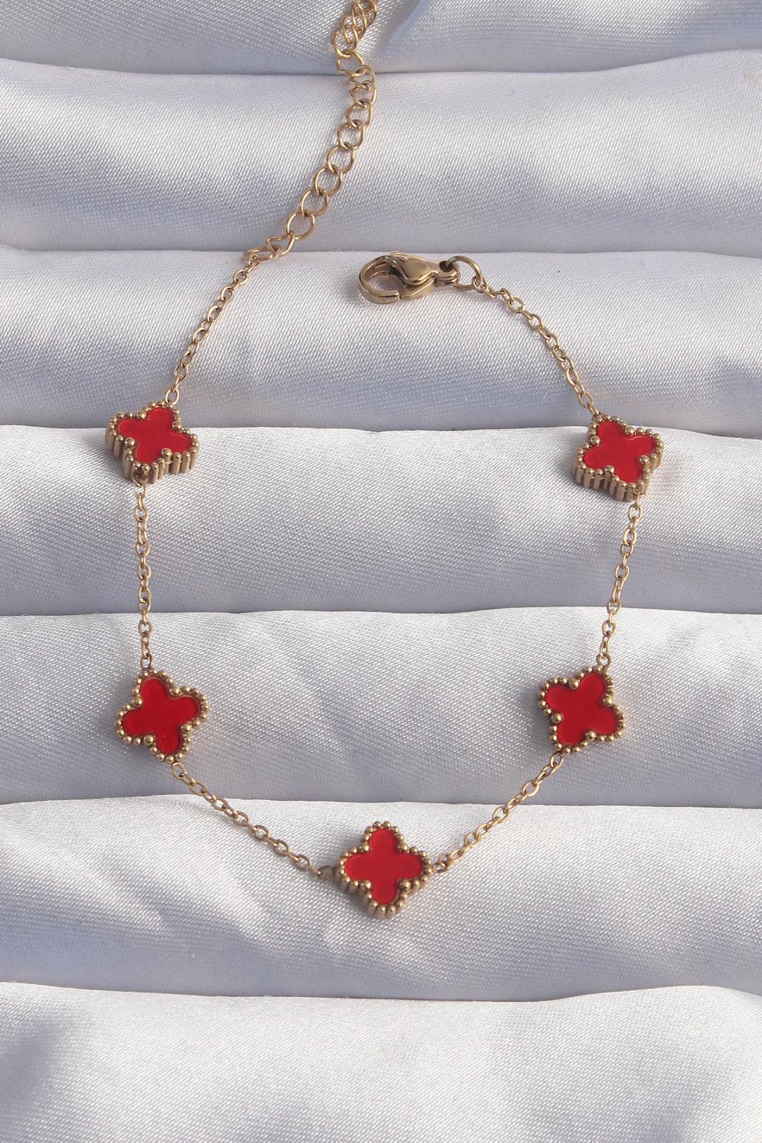 316L Çelik Baby Boy Gold Renk Kırmızı Mineli Yonca Bileklik BB6274