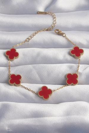 316L Çelik Gold Renk Kırmızı Mineli Yonca Bileklik BB6264