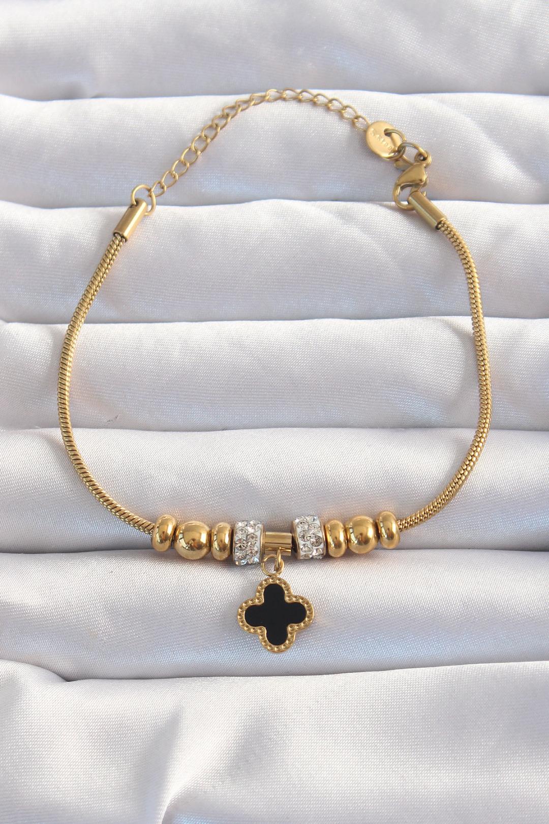 316L Çelik Gold Renk Zirkon Taş Aksesuarlı Siyah Mineli Yonca Bileklik BB6229