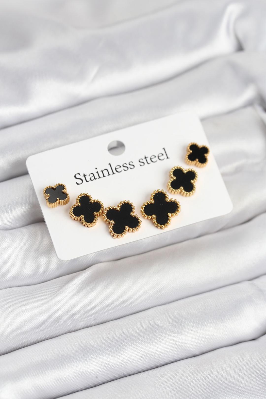 316L Çelik Gold Siyah Renk 3 Boy Yonca Küpe Seti BKP11235