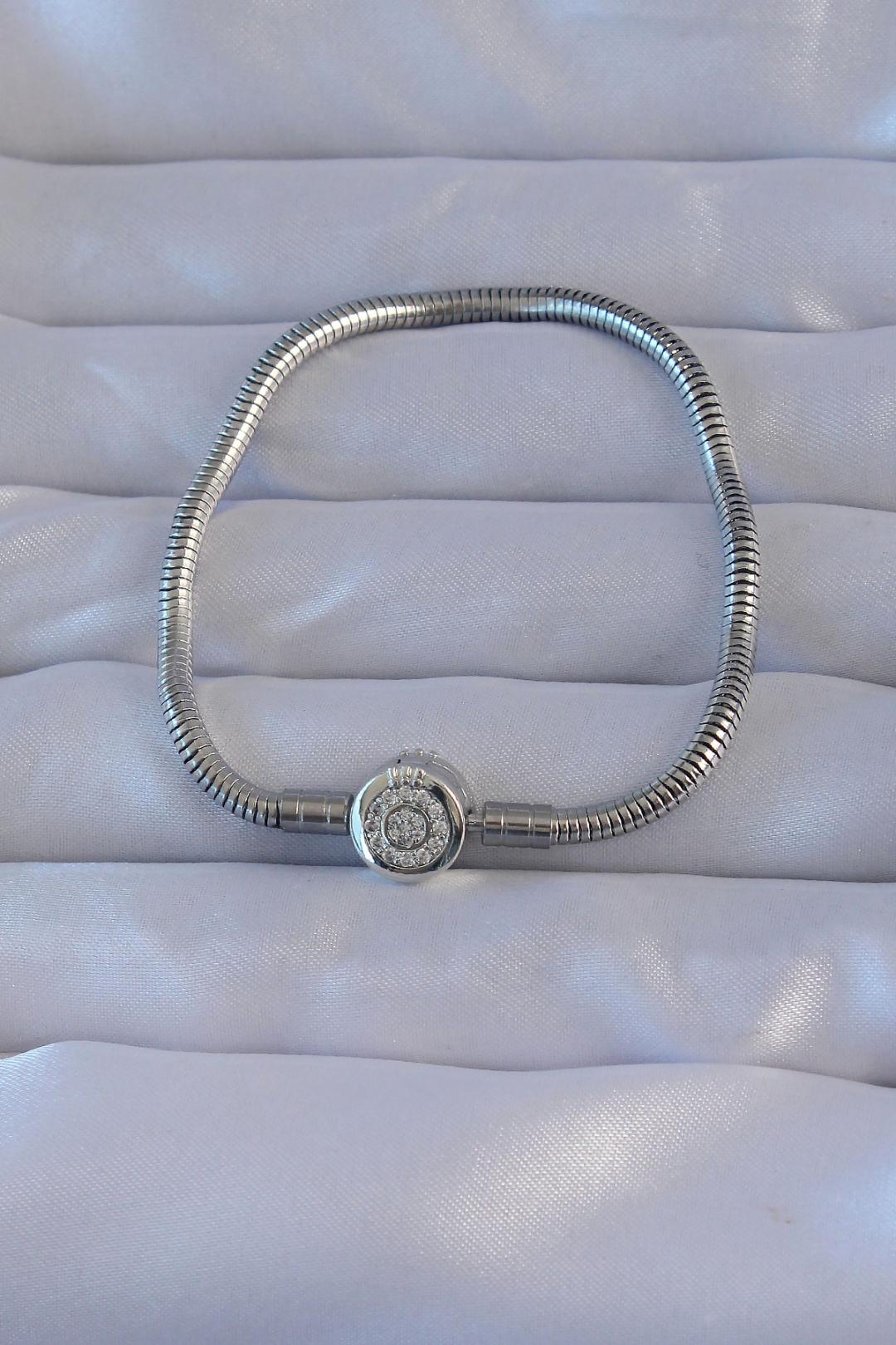 Pirinç Gümüş Renk Zirkon Taşlı Charm Bileklik BB6221