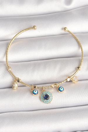 Pirinç Gold Renk Zirkon Taşlı Nazar Boncuk Detay Charm Kadın Bileklik BB6883