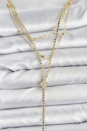 Pirinç Gold Renk Zirkon Taşlı Yonca Model Detaylı 3'lü Kombin Y Kadın Kolye BKO10699