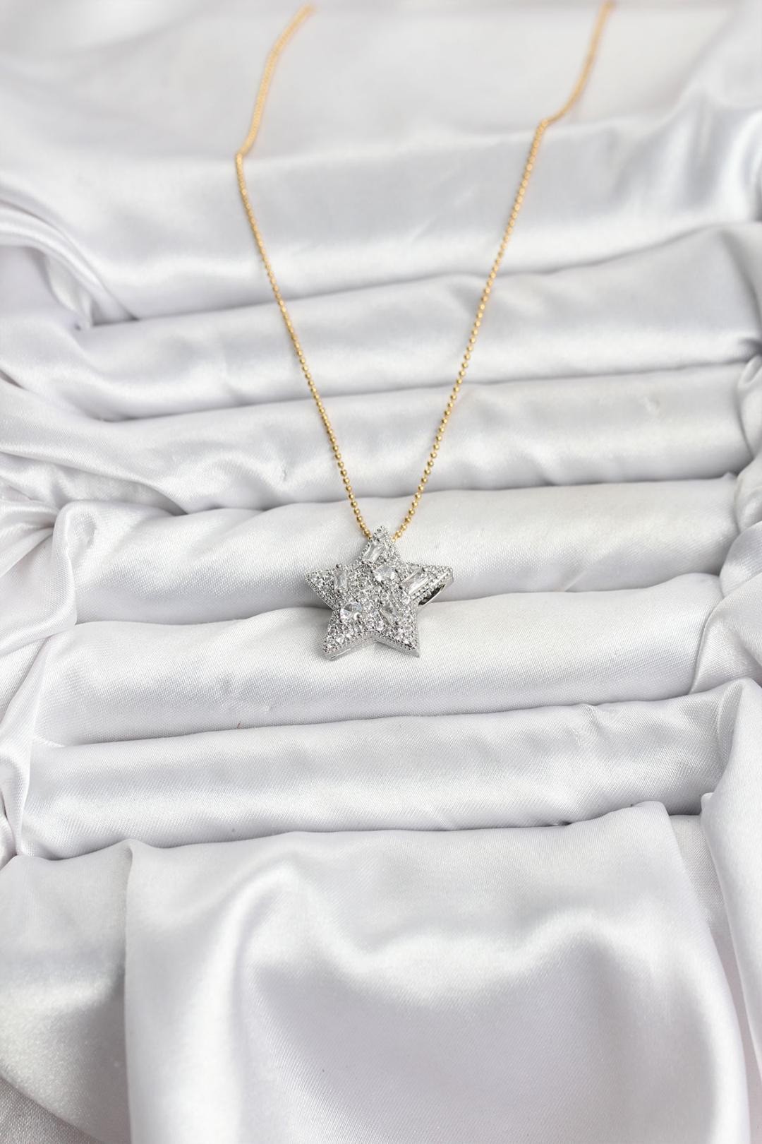 316L Çelik Zincir Gold Renk Zincirli Gümüş Yıldız Model Kadın Kolye BKO10680