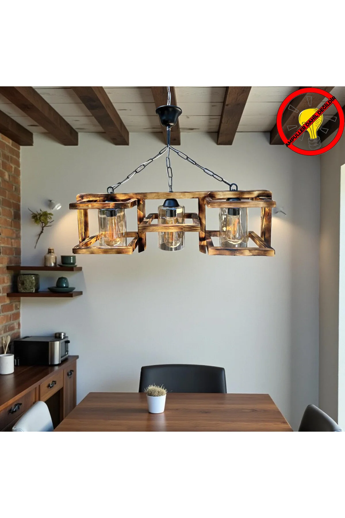 ahşap camlı 3"lü avize