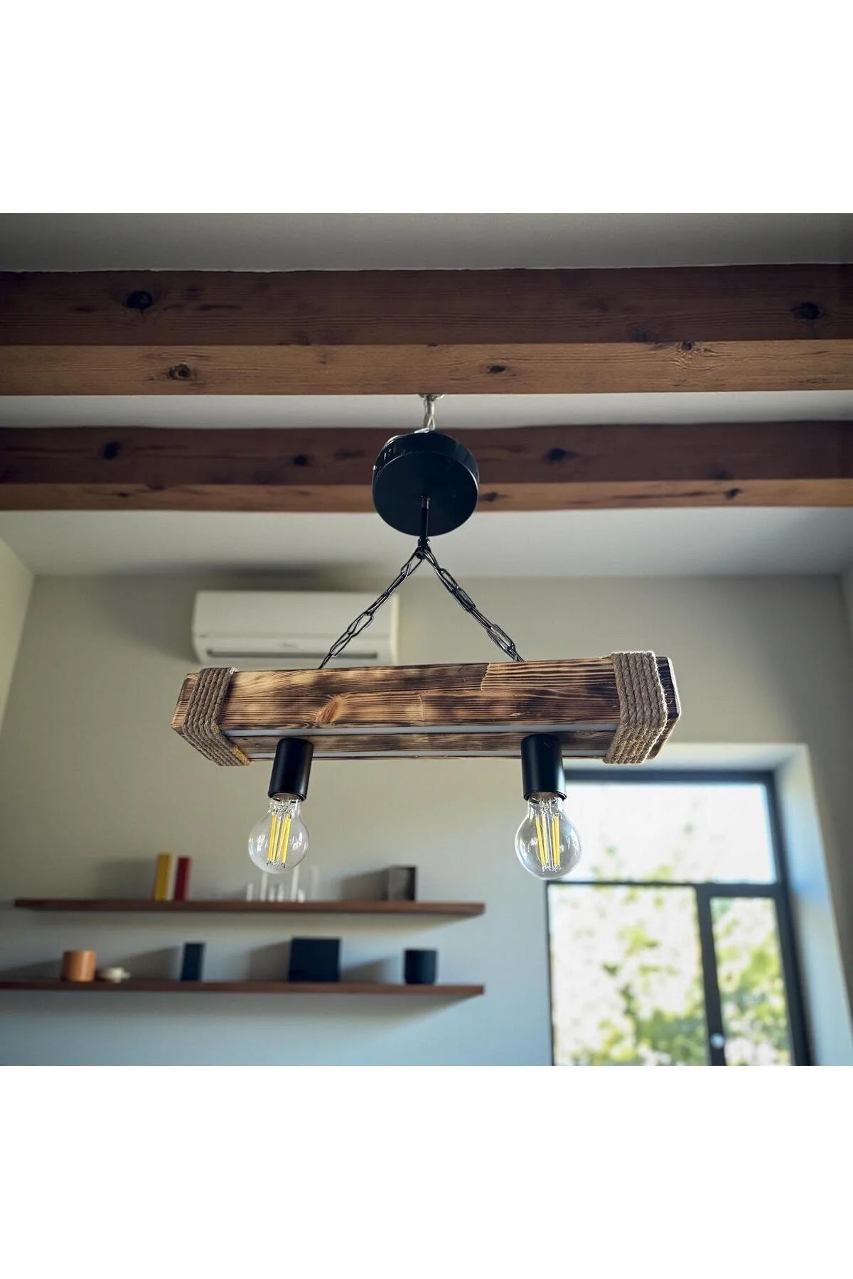 3 Renk Led Ve Ampul-Dekoratif Ahşap Avize