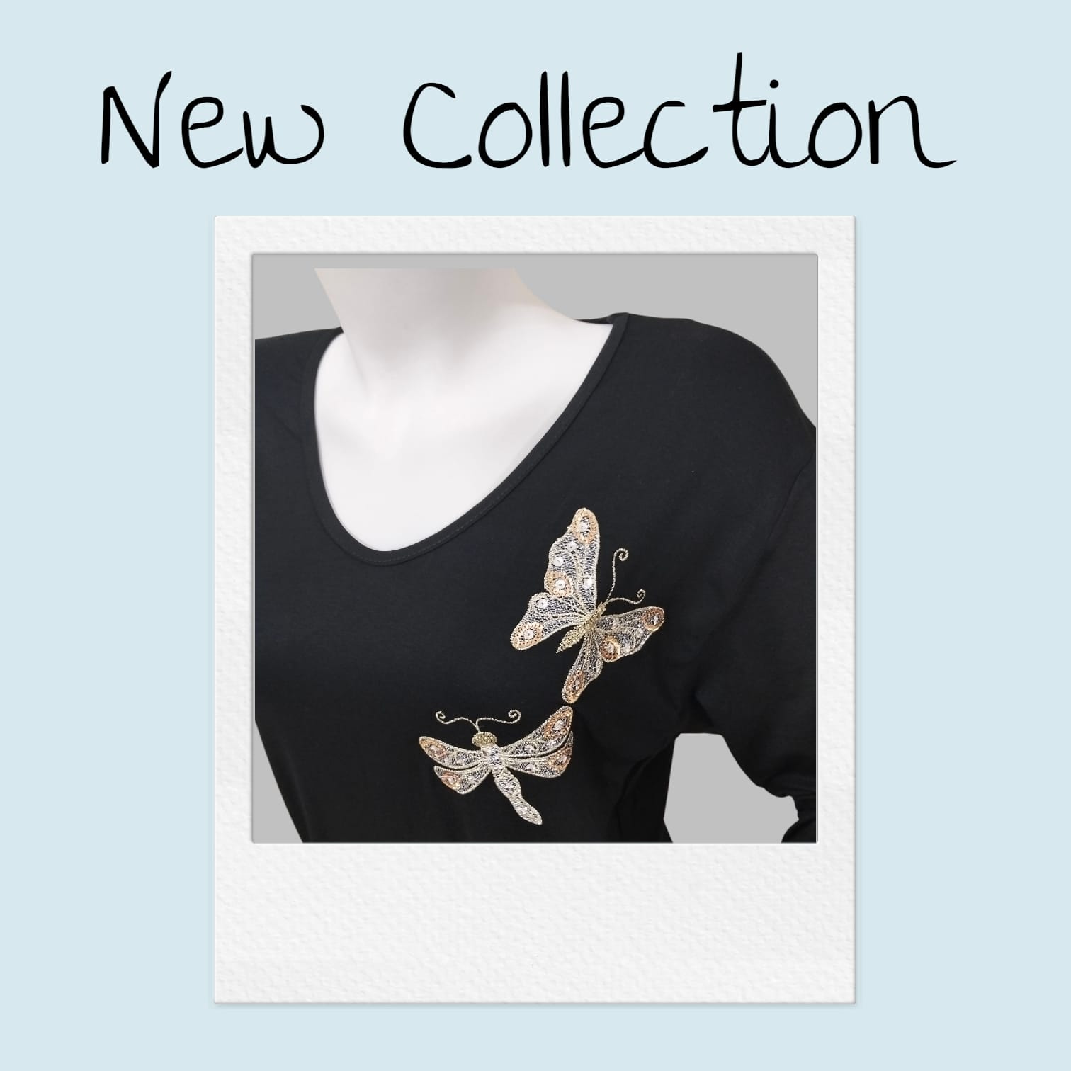 kelebek nakışlı fakir kol siyah bluz