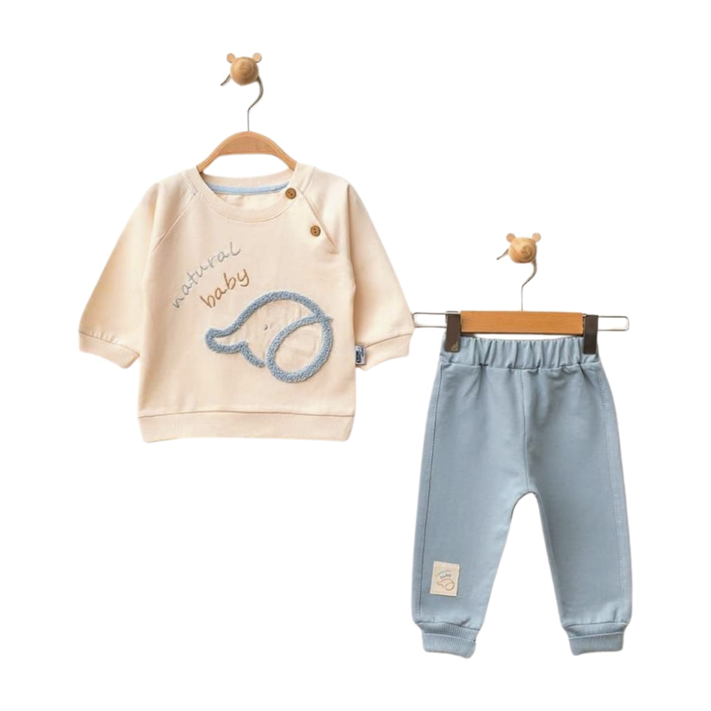 Natural Baby ve Fil İşlemeli Mavi-Krem İkili Takım