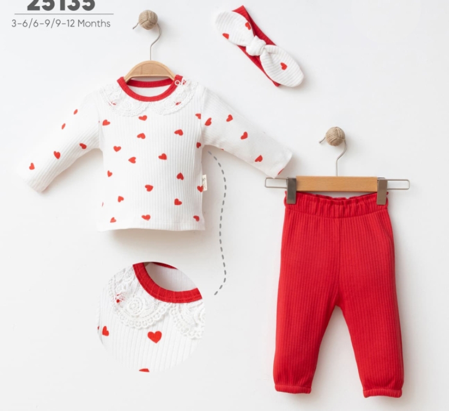 Kız Bebek Kırmızı Kalp Desenli Dantel Yaka Üst Alt Takım
