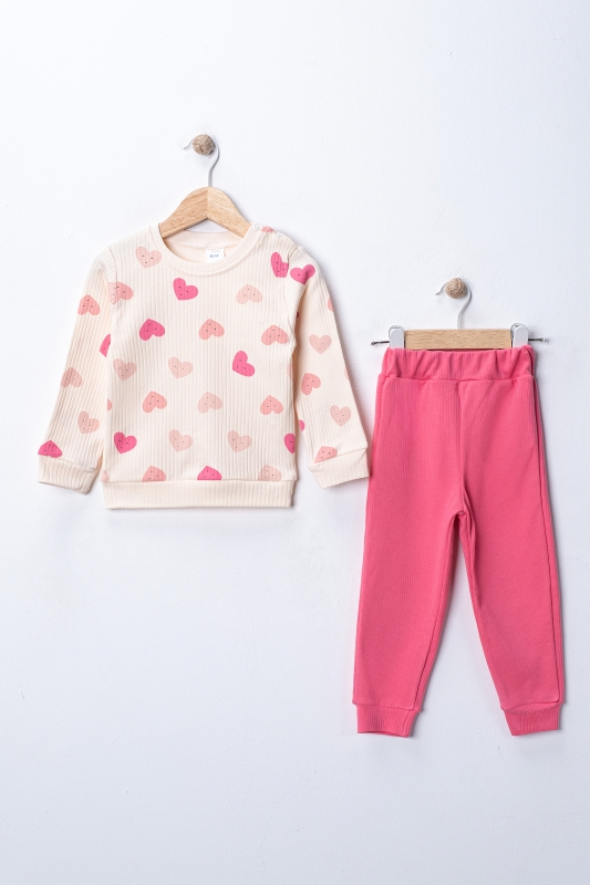 Kız Bebek Alt Üst Takım %100 Pamuk – Kalp Baskılı Sweatshirt Pantolon