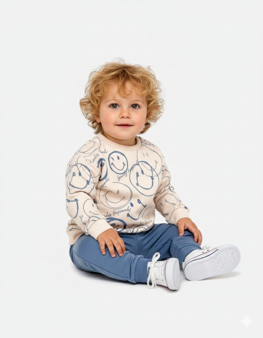 Smile Desenli %100 Pamuk Erkek Çocuk Takımı – Uzun Kollu Sweatshirt & Pantolon