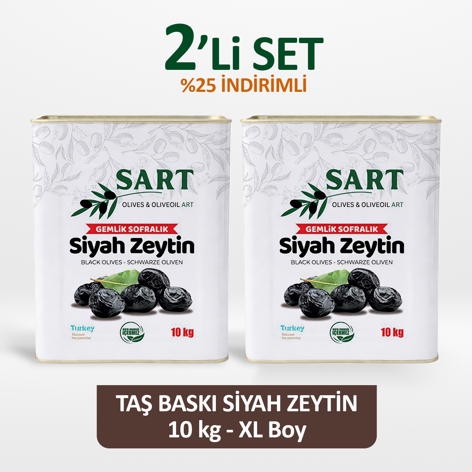 2 Adet x 10 KG - Taş Baskı Gemlik Sofralık Siyah Zeytin Premium XL