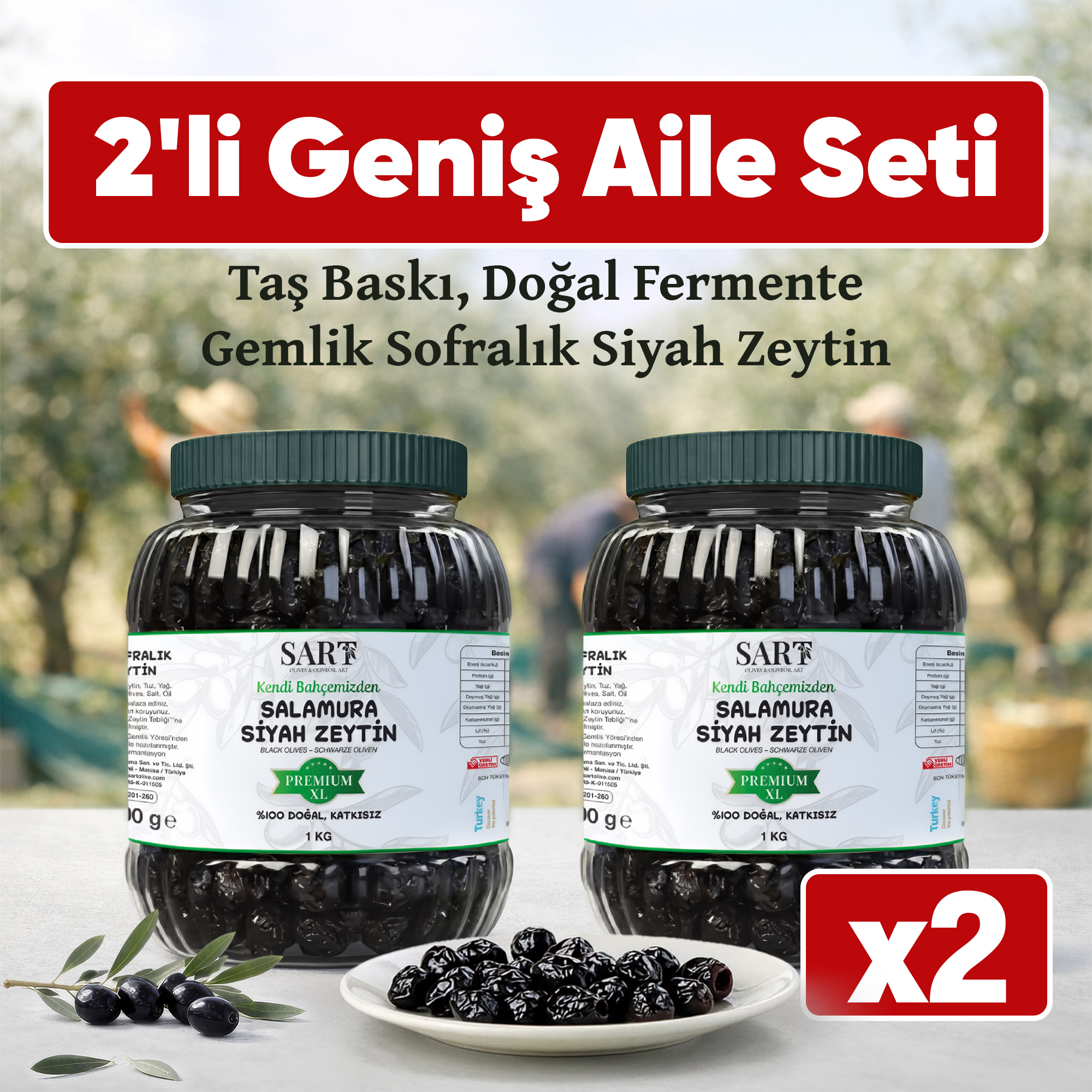 2 Adet x 1 KG - Taş Baskı Gemlik Sofralık Siyah Zeytin Premium XL