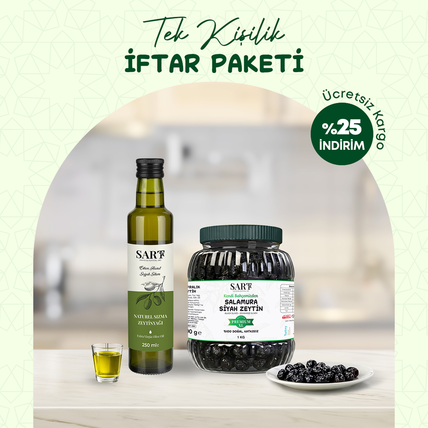 Tek Kişilik İftar Paketi - 250 ml. Erken Hasat Soğum Sıkım Zeytinyağı + 1 Kg Gemlik Sofralık Premium XL Siyah Zeytin