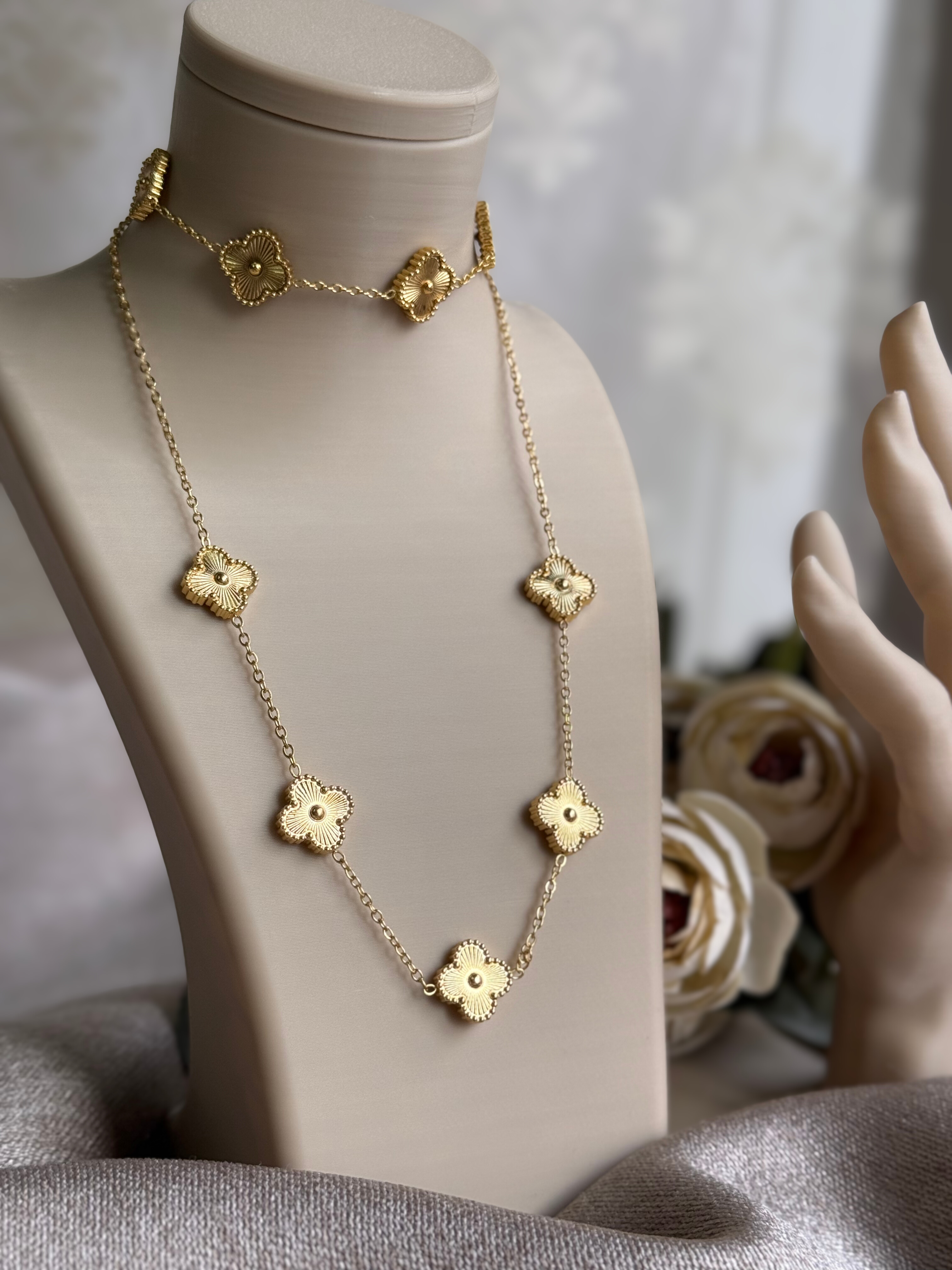 Çelik Beş Yonca VCleef Gold Kolye-Bileklik Set