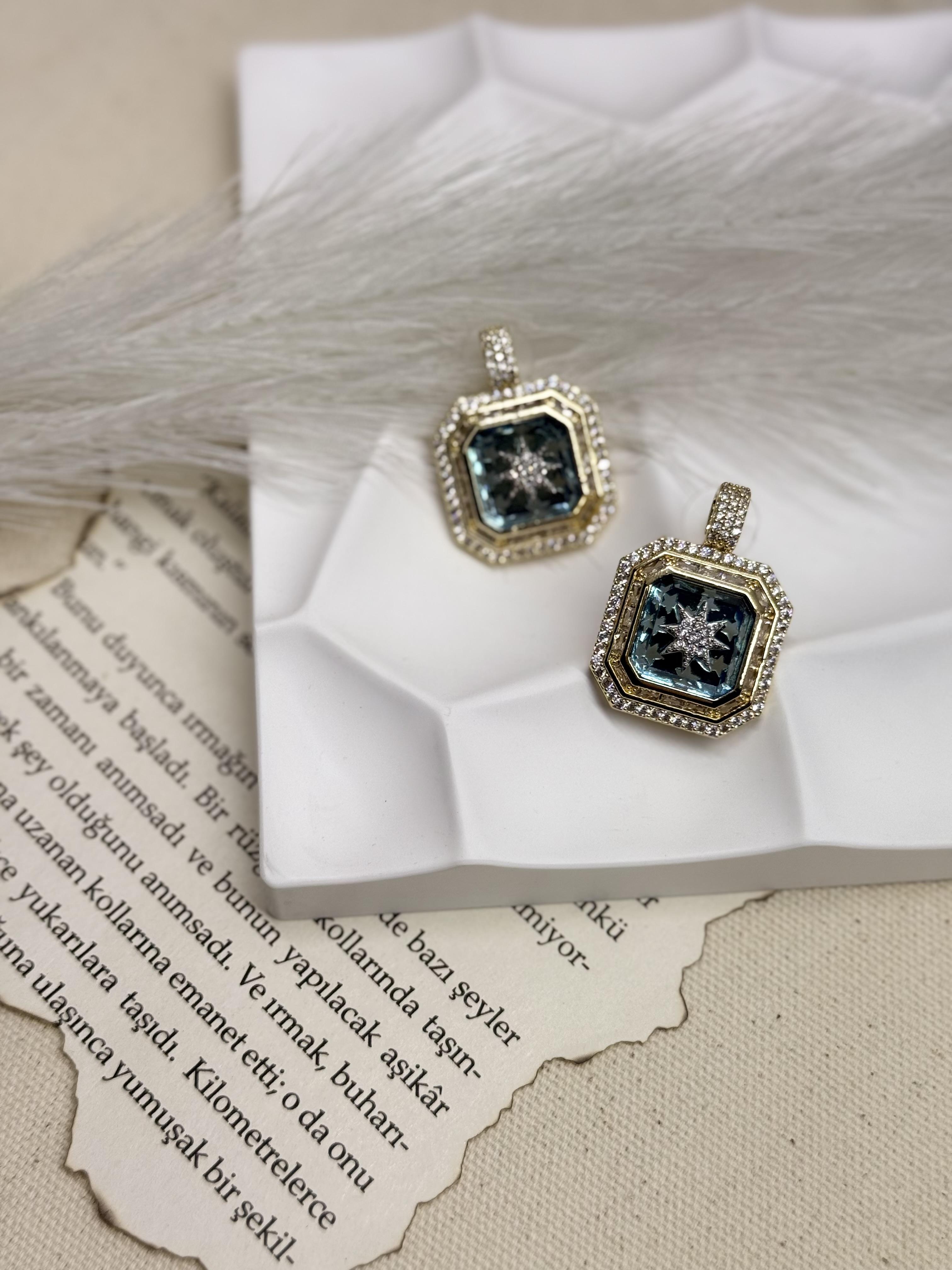 Venüs Star Zirkon Taş Küpe - Mavi