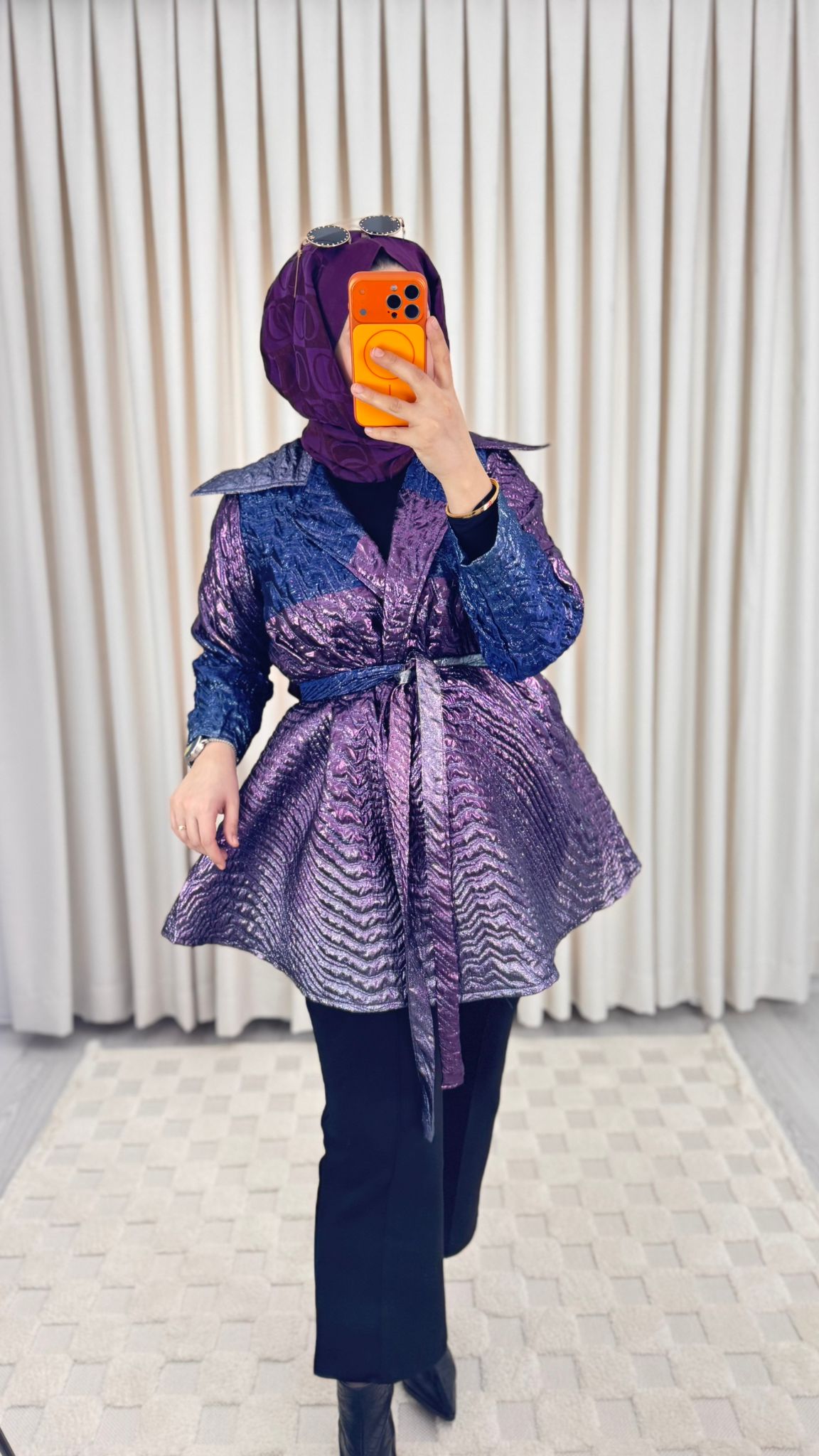 Kuşaklı Dokulu Mor Mavi Işıltılı Şık Ceket