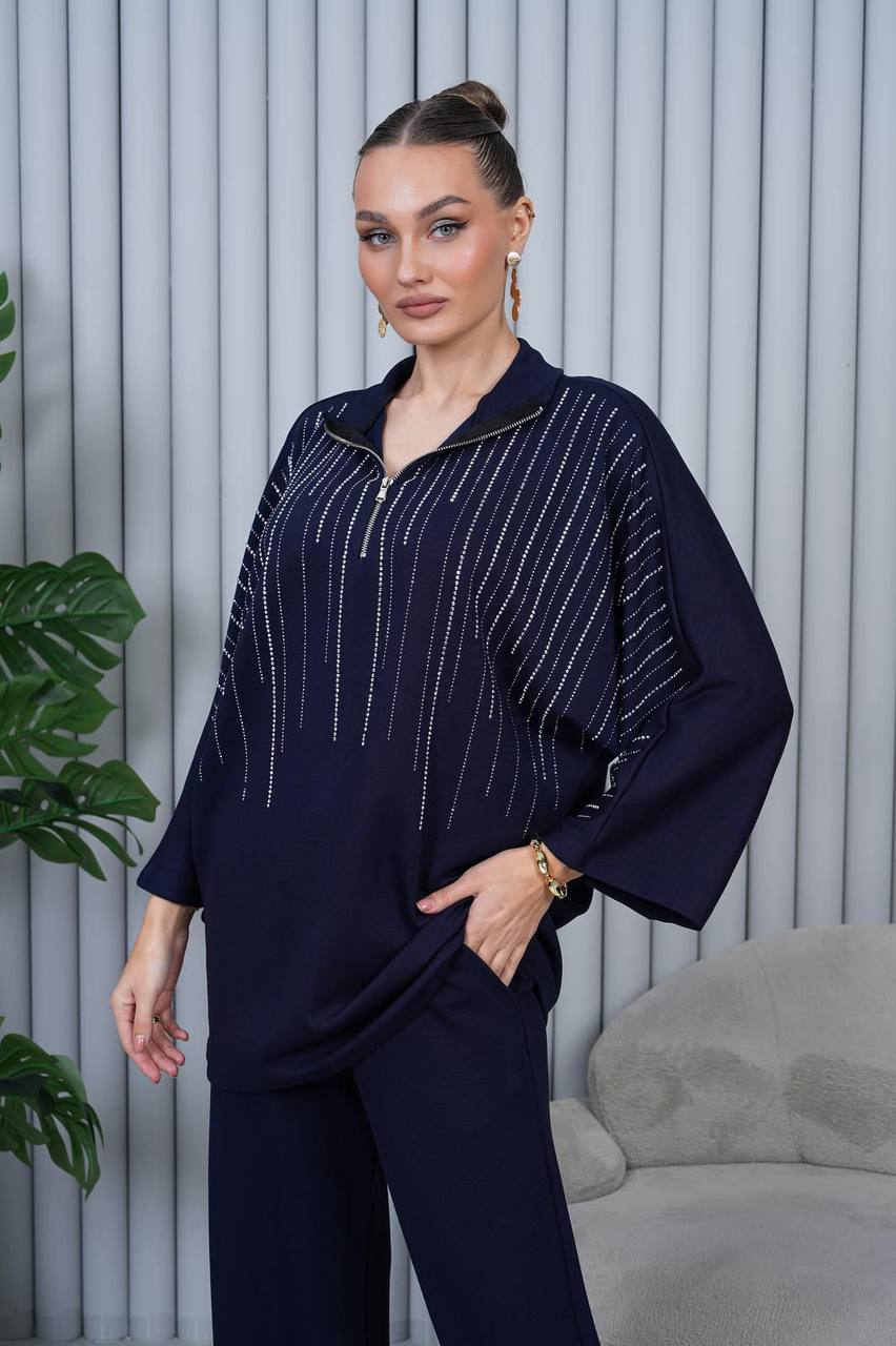 Taş Aplikeli Kapüşonlu Uzun Lacivert Trenç Elbise