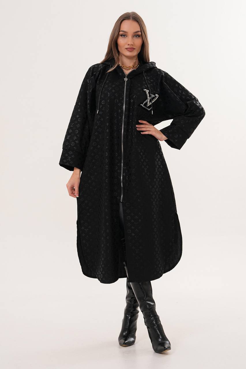 Taş Aplikeli Kapüşonlu Uzun Siyah Trenç Elbise