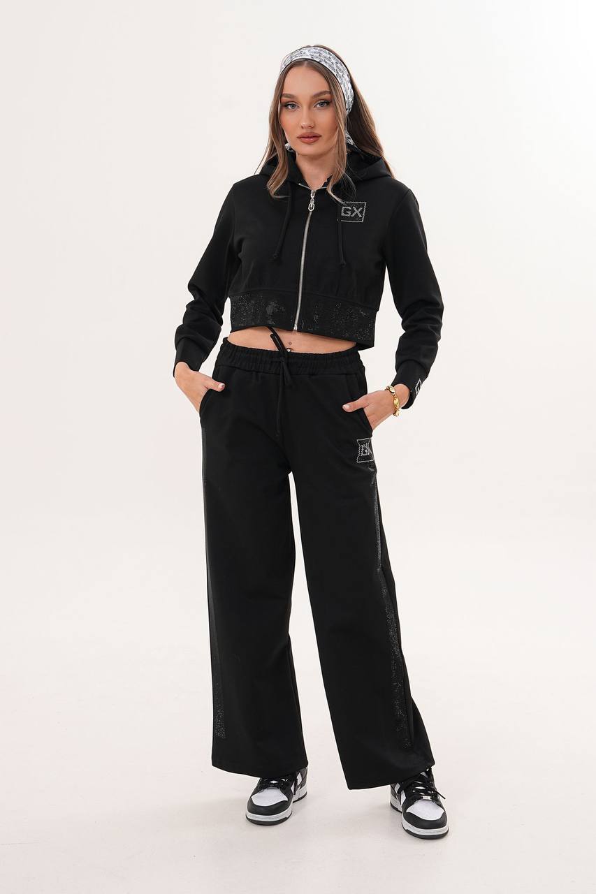 Taş Detaylı Siyah Crop Eşofman Takım