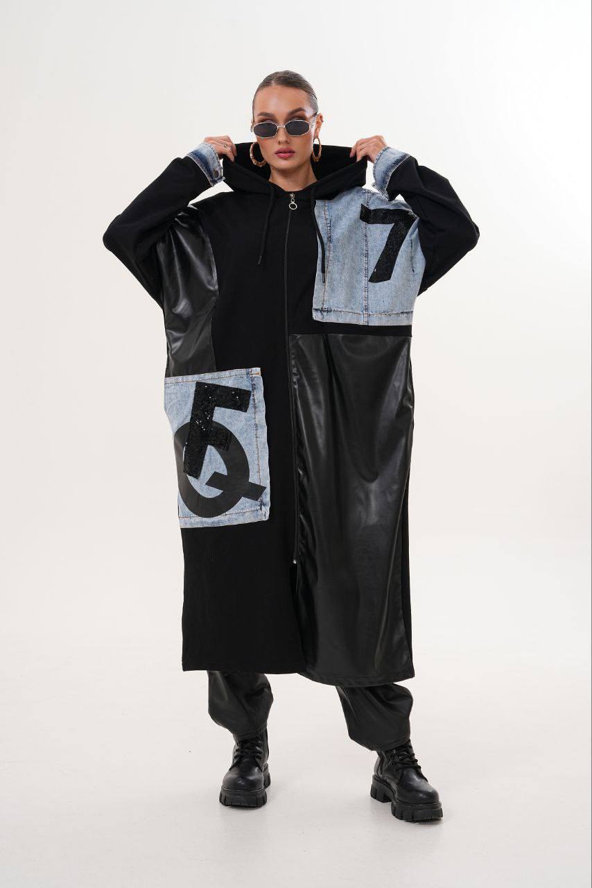 Jean Detaylı Deri Garnili Siyah Kap