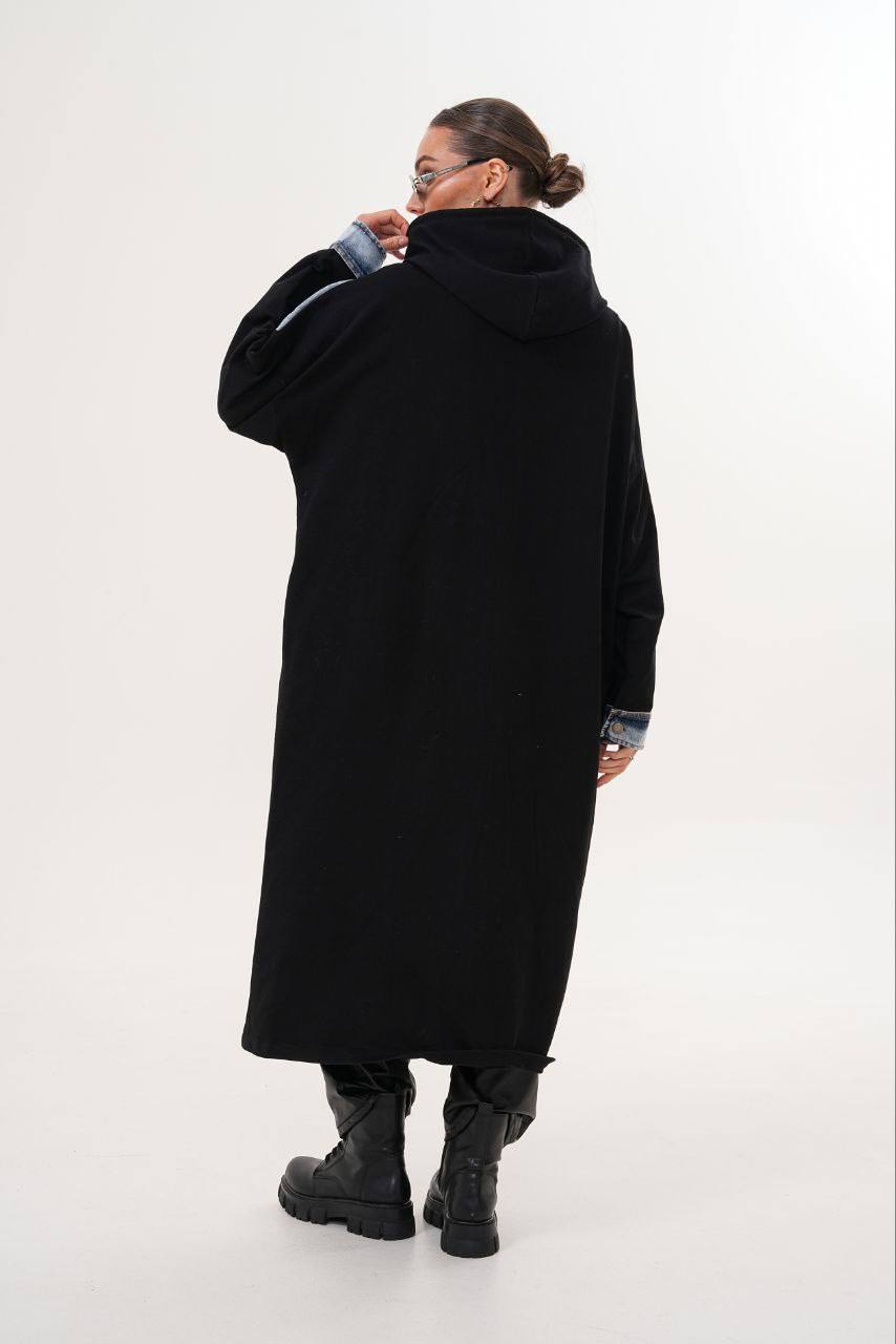 Jean Detaylı Deri Garnili Siyah Kap