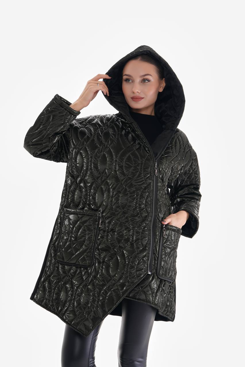 Kapüşonlu Kapitone Haki Antrasit Mont