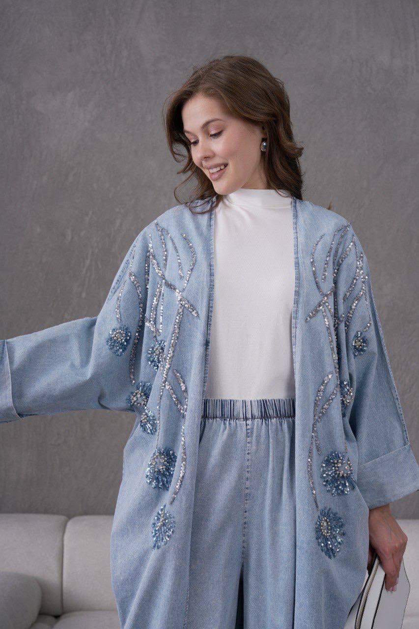 Taş Aplikeli Çiçek İşlemeli Mavi Kot Kimono Takım