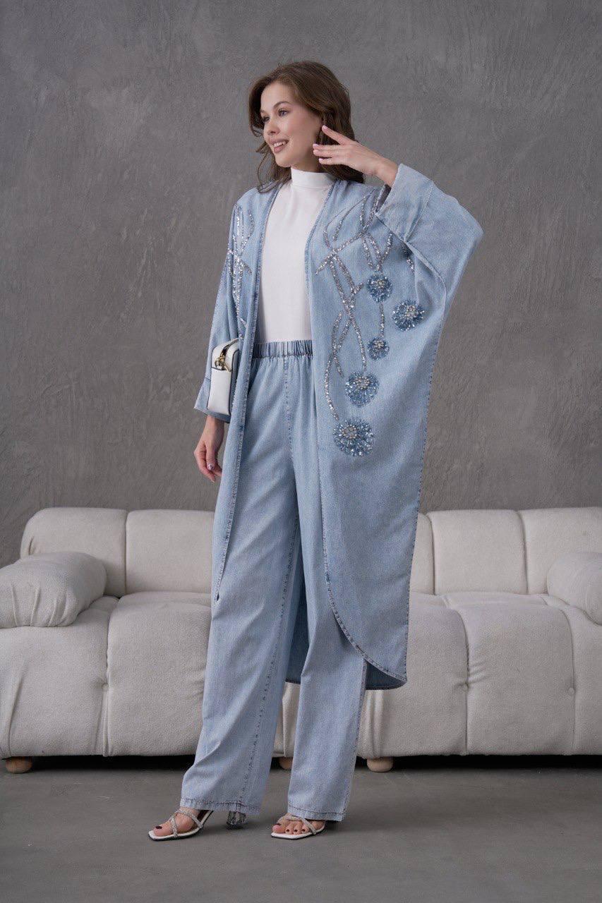 Taş Aplikeli Çiçek İşlemeli Mavi Kot Kimono Takım