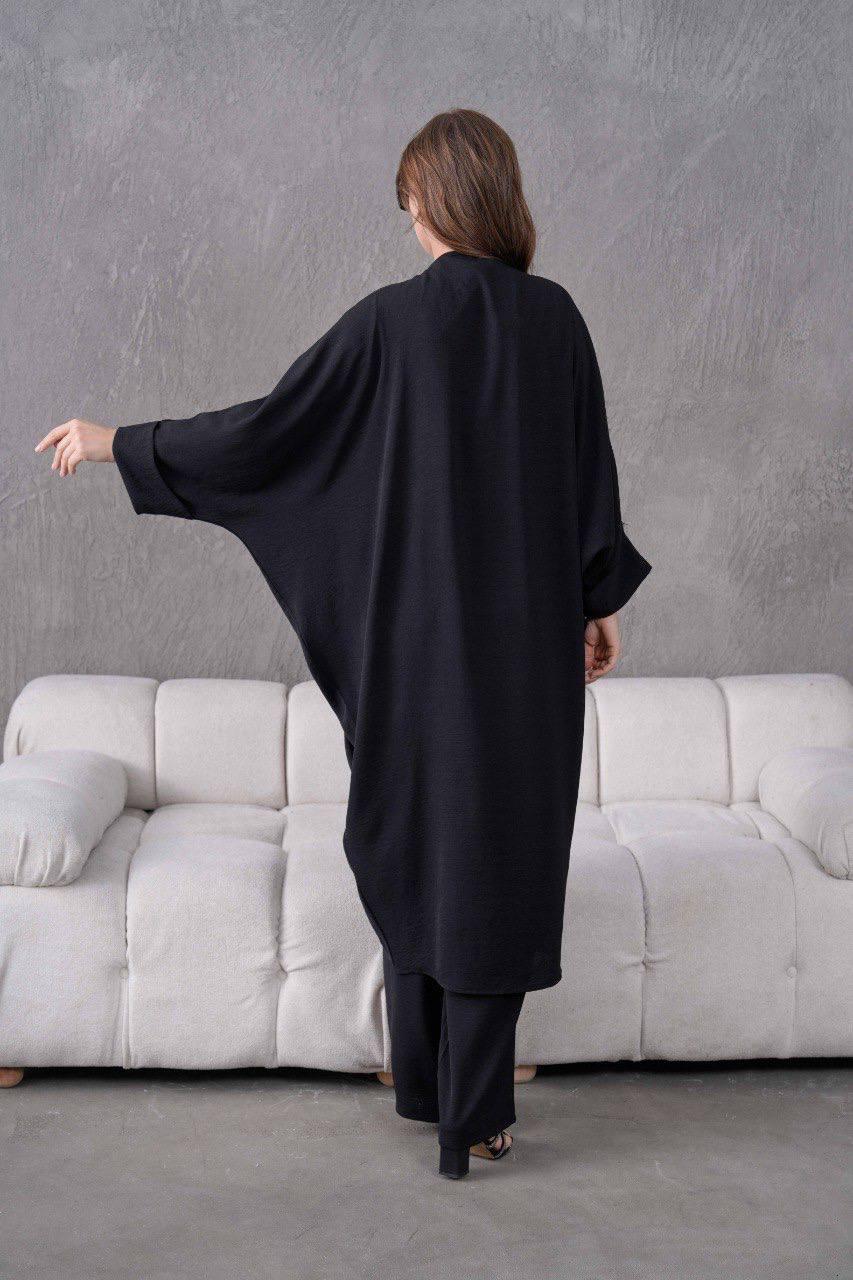 Taş Detaylı Yarım Çiçek Siyah Keten Kimono