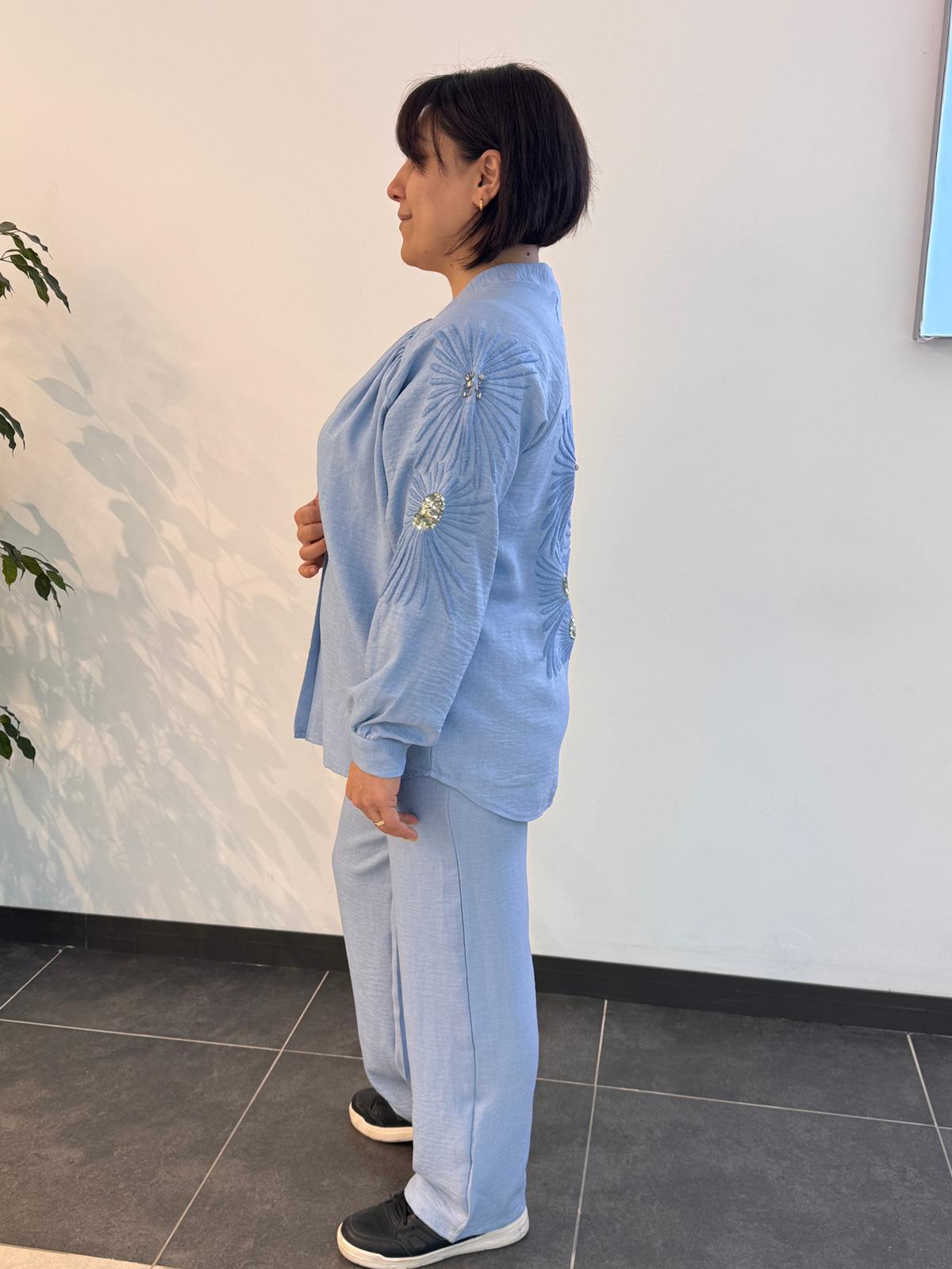 Taş Aplikeli Omuz Büzgülü Bebe Mavi Takım