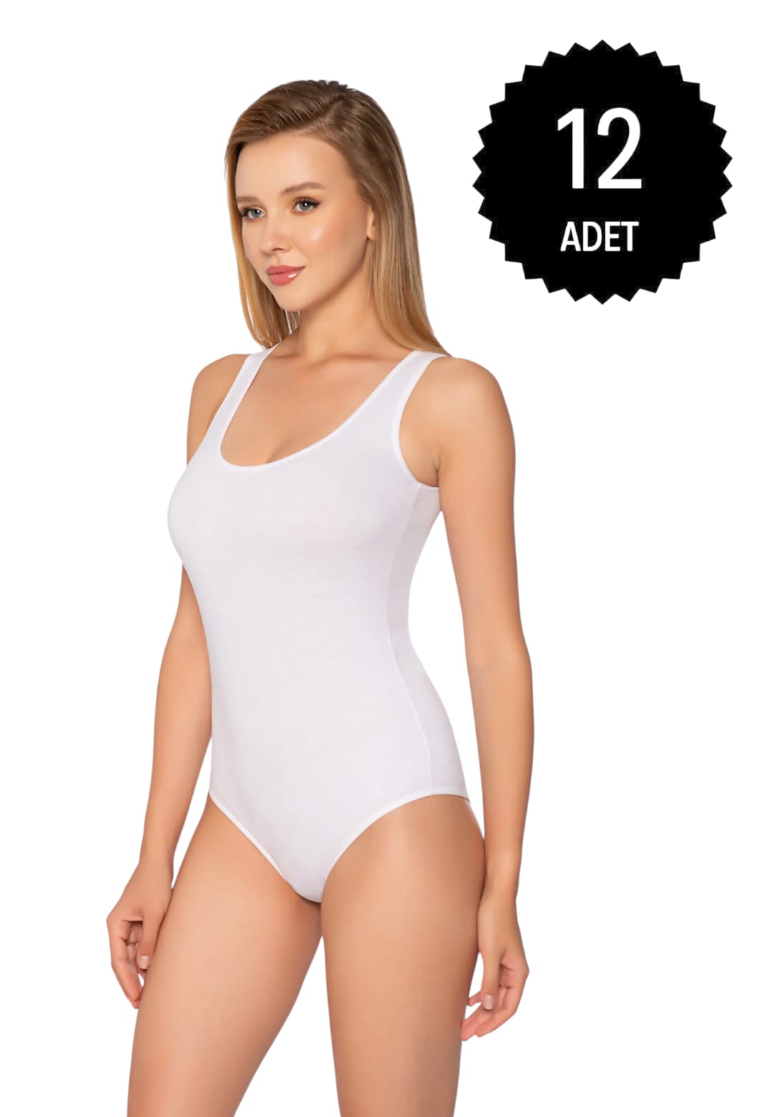 Gümüş 4027 Kadın Likralı Geniş Askı Kancalı Body Beyaz 12 li Paket