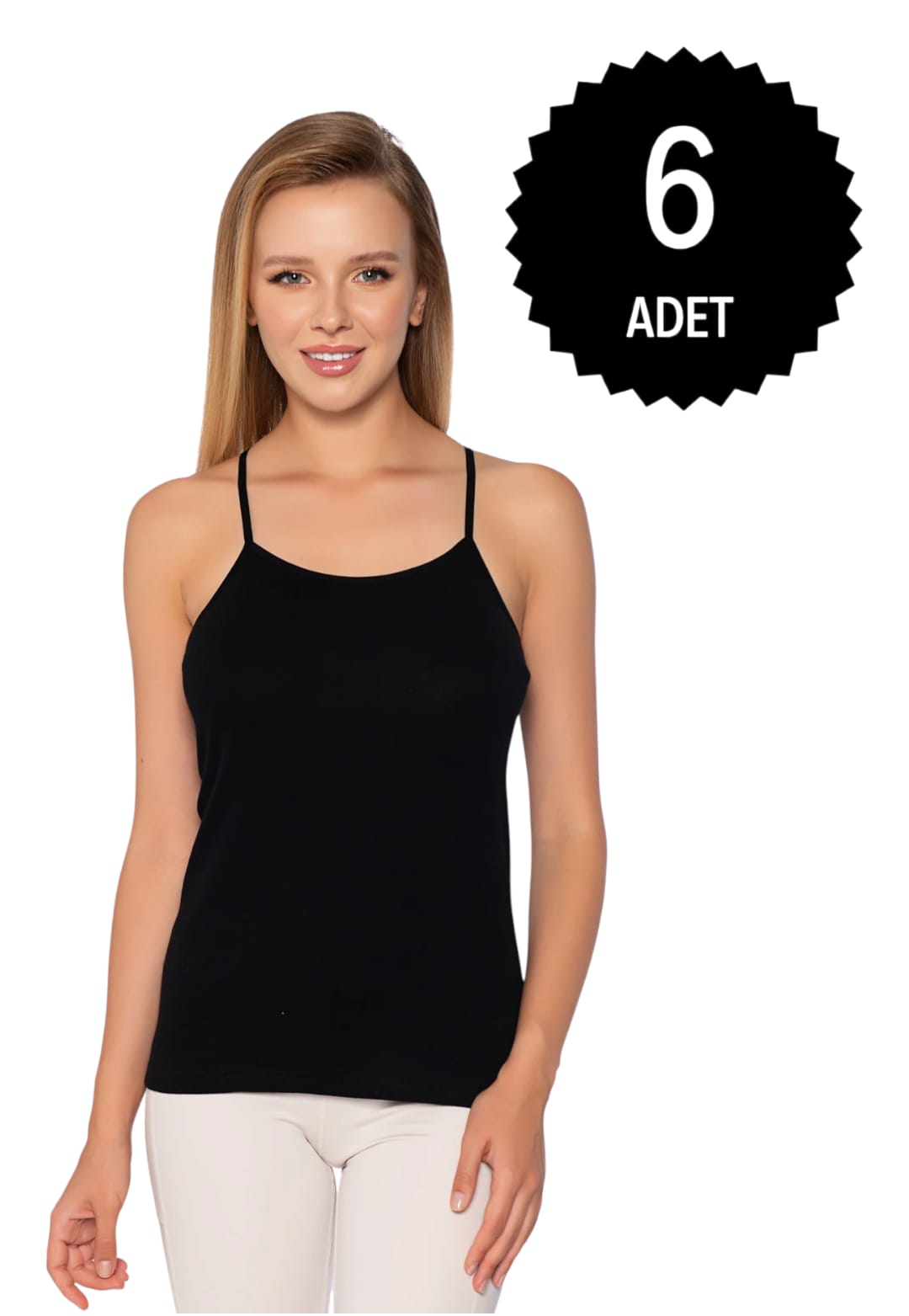 Gümüş 4023 Kadın Ribana ( Likralı ) İp Askı Düz Biye Atlet Siyah 6 lı Paket