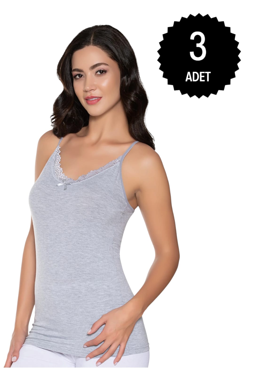 Gümüş 3105 Kadın Likralı İnce Dantelli Atlet Gri 3 lü Paket