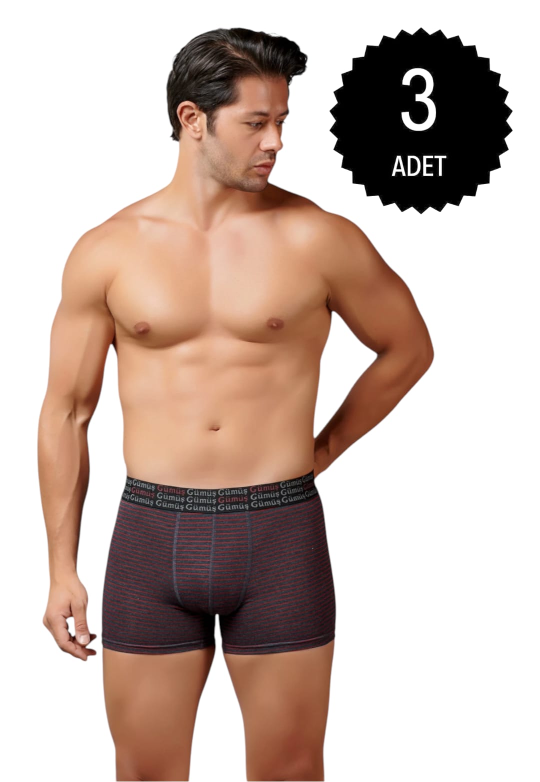 Gümüş 3114 Erkek Likralı Çizgili Boxer Antrasit 3 lü Paket