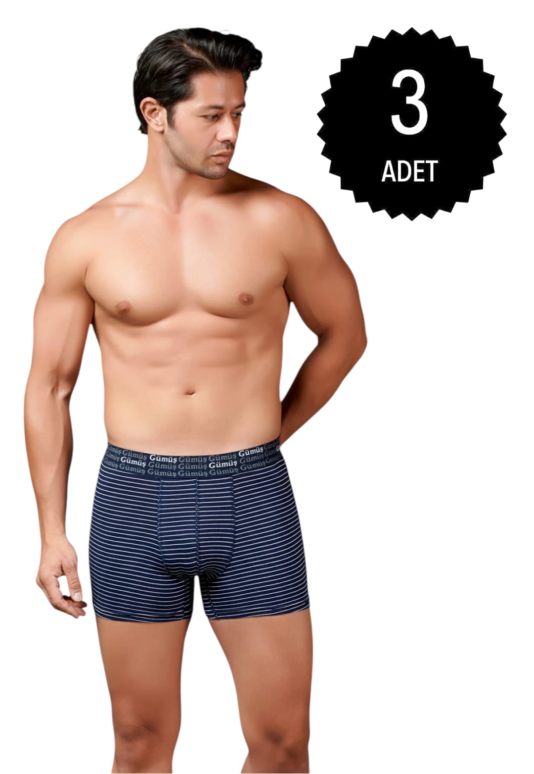 Gümüş 3114 Erkek Likralı Çizgili Boxer Lacivert 3 lü Paket
